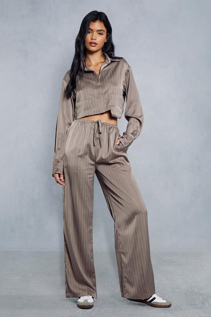 Taupe Satin Pinstripe Drawstring Relaxed Trouser image number 1