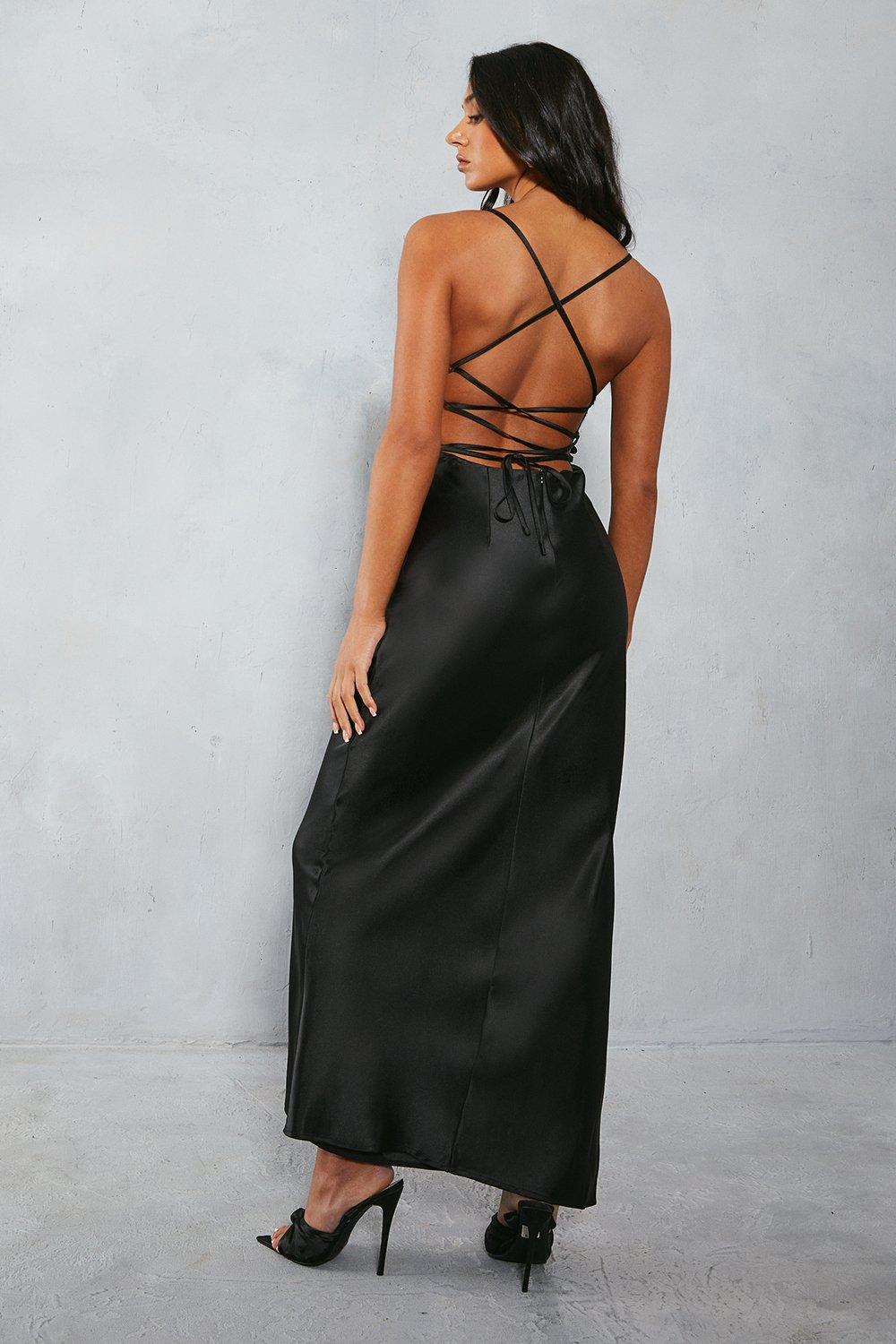 Black Satin Cowl Neck Lace Up Back Maxi Dress