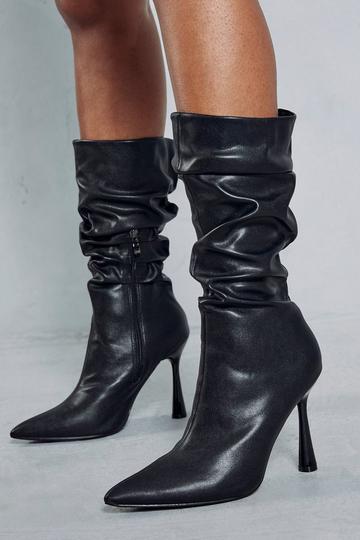 Black Leather Look Ruched Ankle Boots