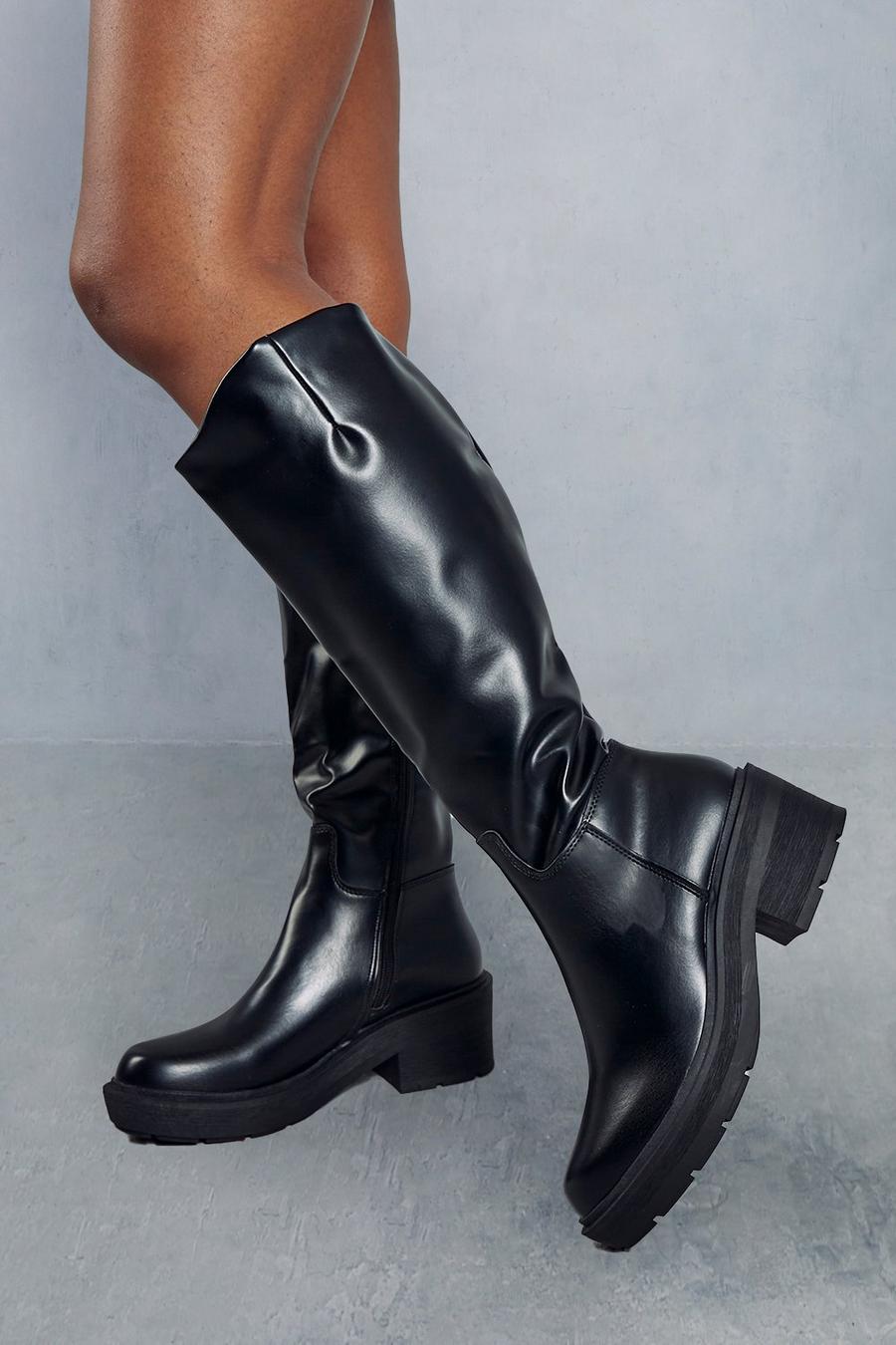 Black Leather Look Knee High Flat Boots image number 1