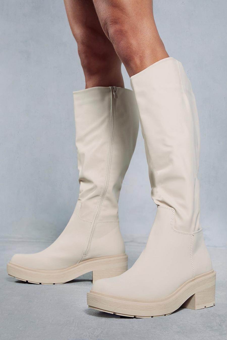 Cream Leather Look Knee High Flat Boots