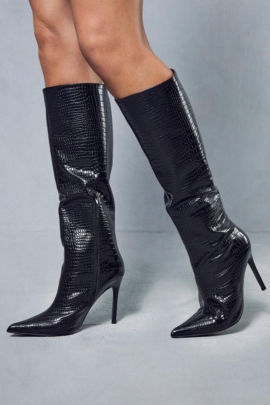 Black Croc Leather Look Knee High Pointed Boots image number 1