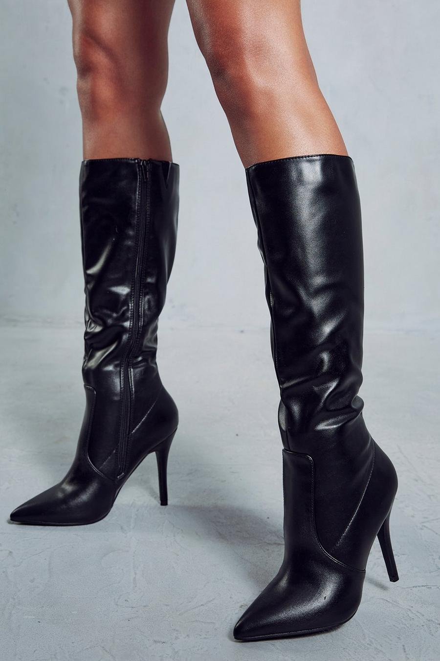 Black Leather Look Knee High Pointed Boots image number 1