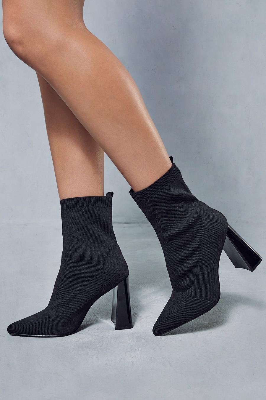 Black Pointed Toe Knit Block Heel Boots