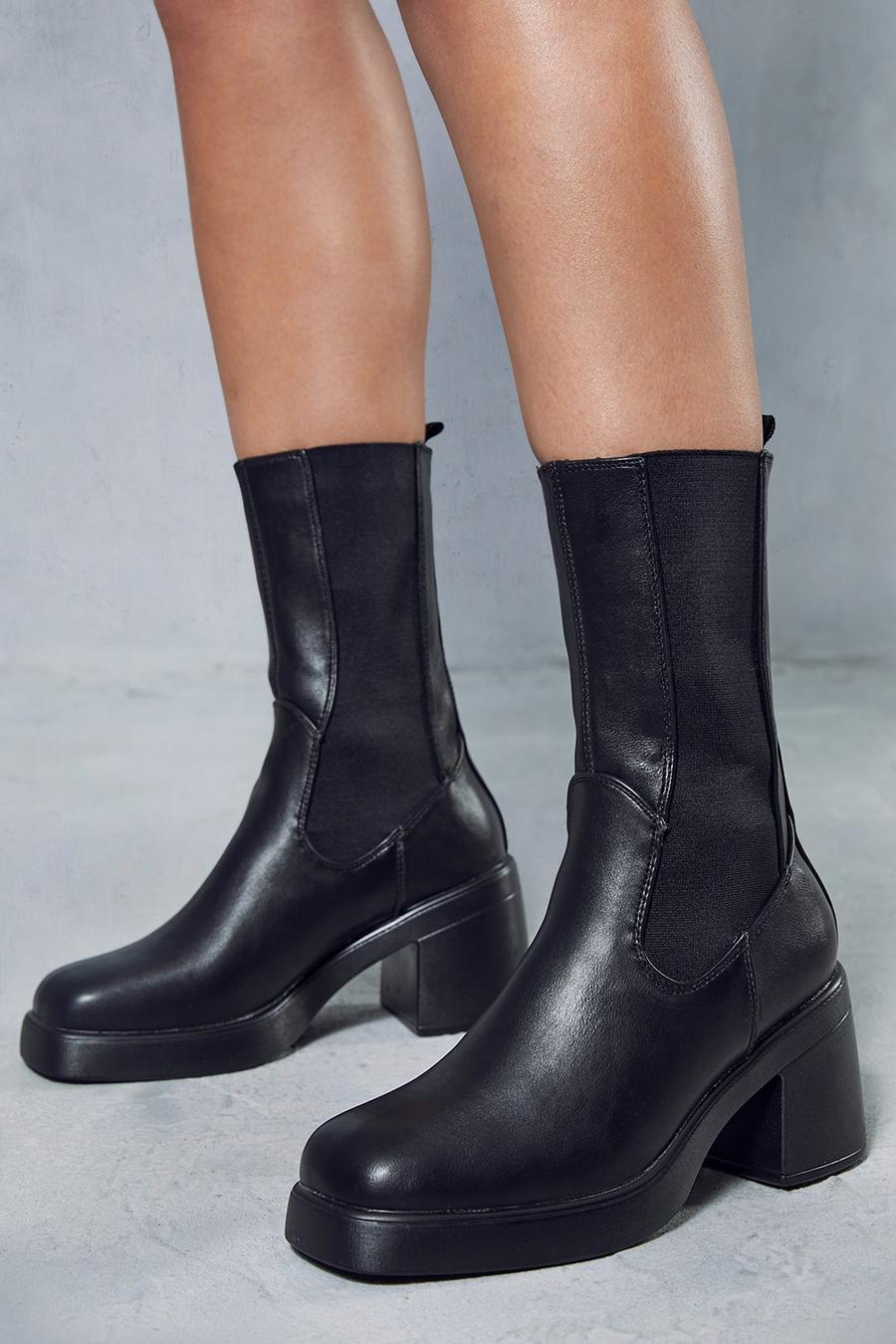 Black Leather Look Block Heel Square Toe Boots