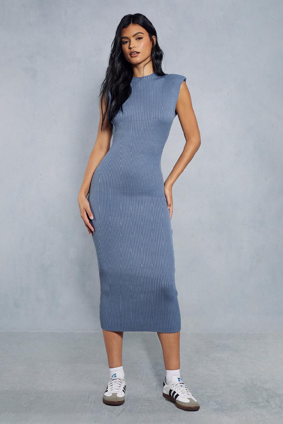 Blue Knitted Ribbed Shoulder Pad Detail Maxi Dress