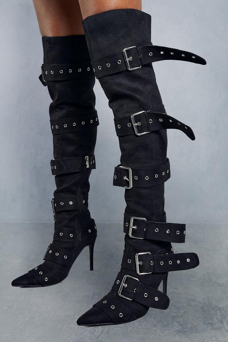 Black Over The Knee Buckle Boots image number 1