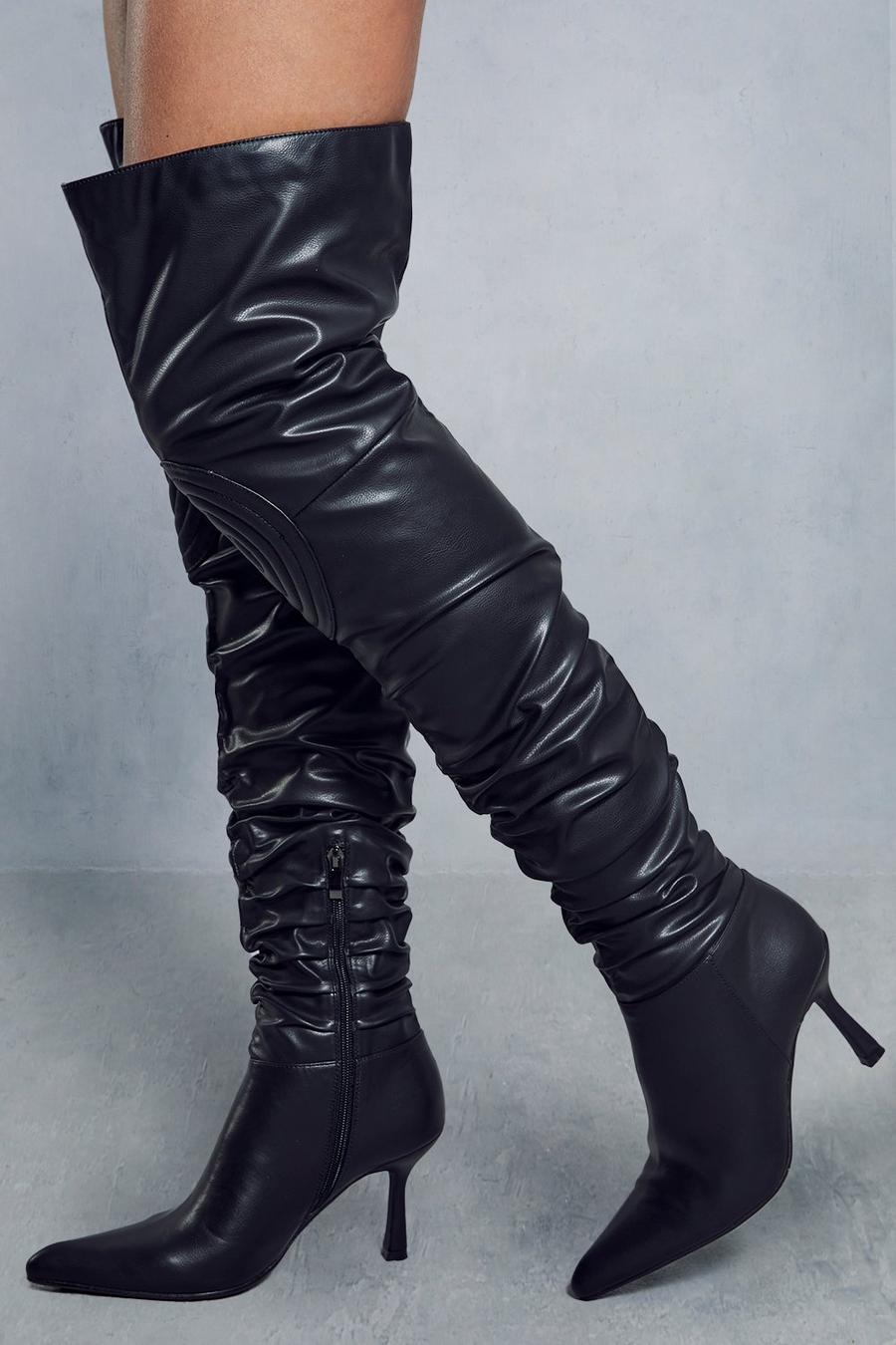 Black Distressed Leather Look Knee Pad Boots