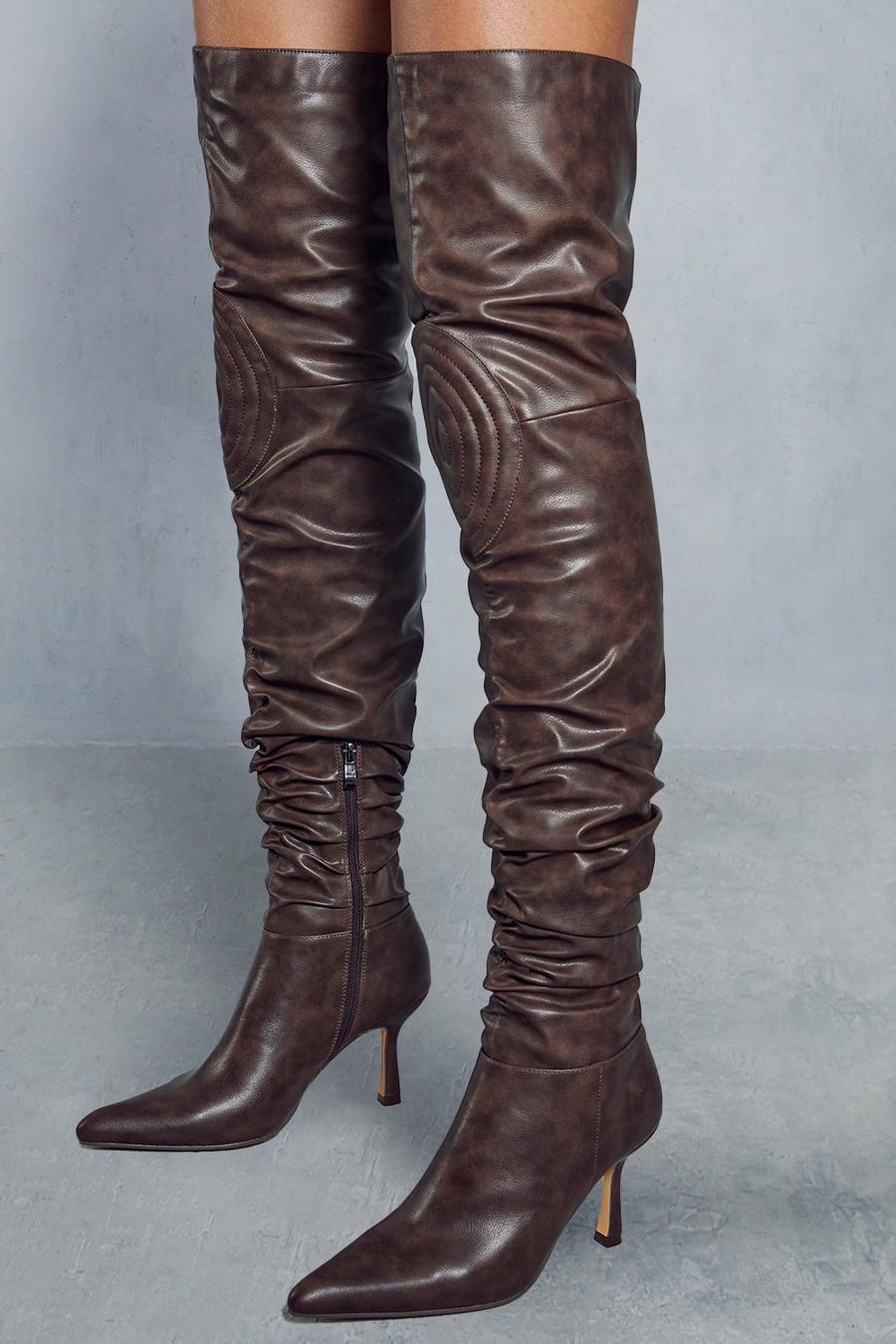 Brown Distressed Leather Look Knee Pad Boots image number 1