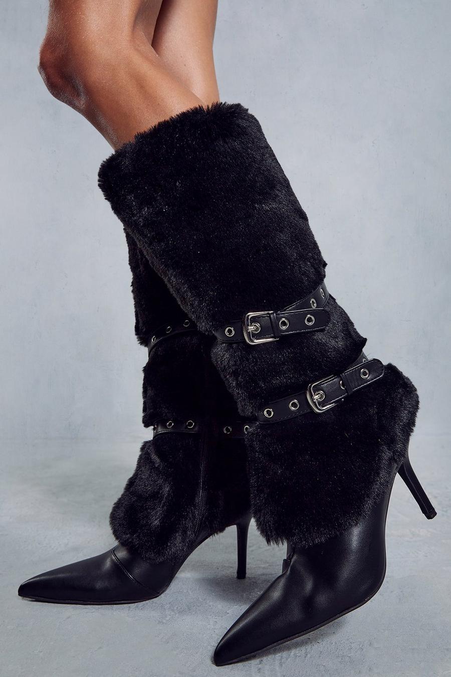 Black Faux Fur Buckle Knee High Boots image number 1