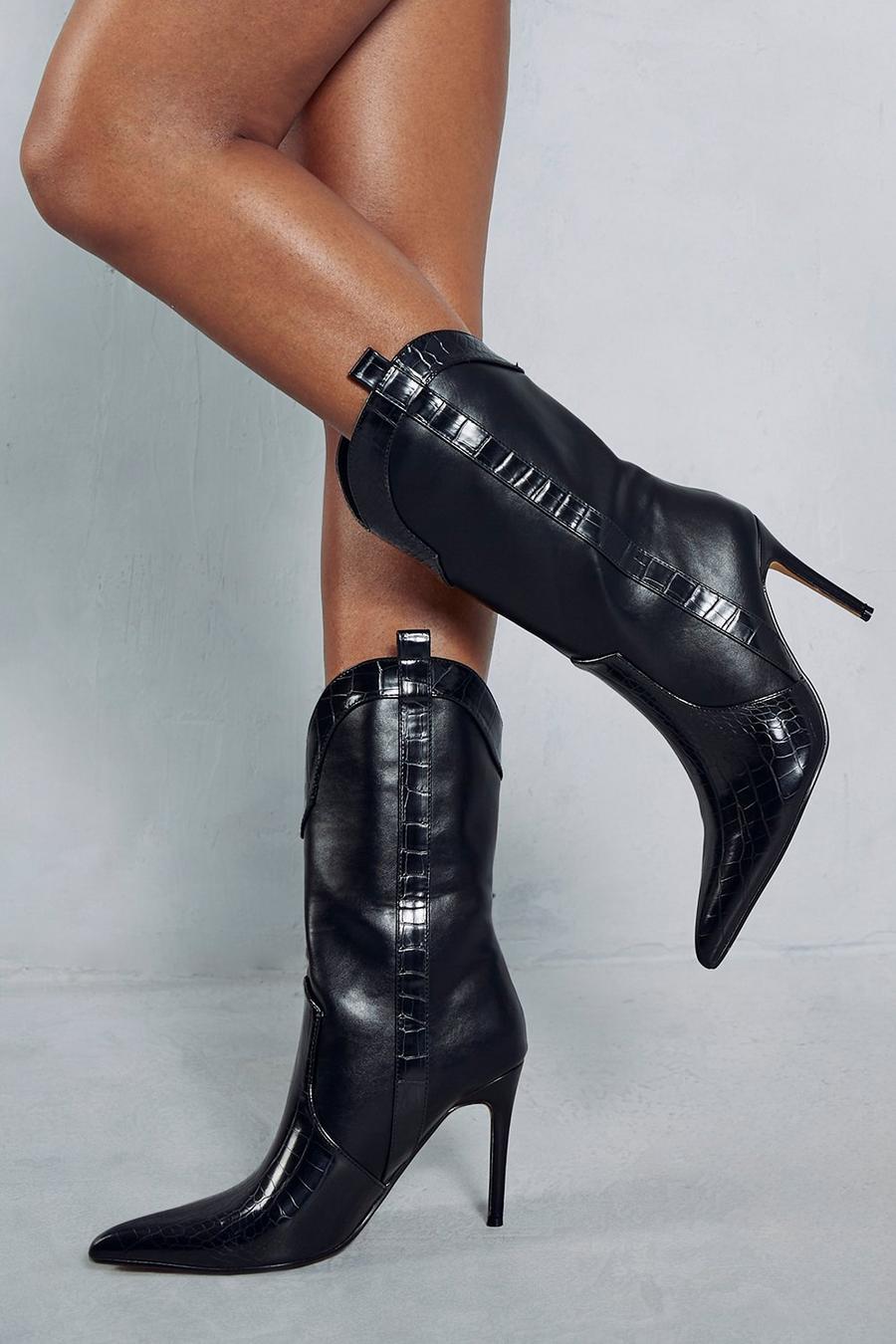 Black Leather Look Western Heeled Boots image number 1