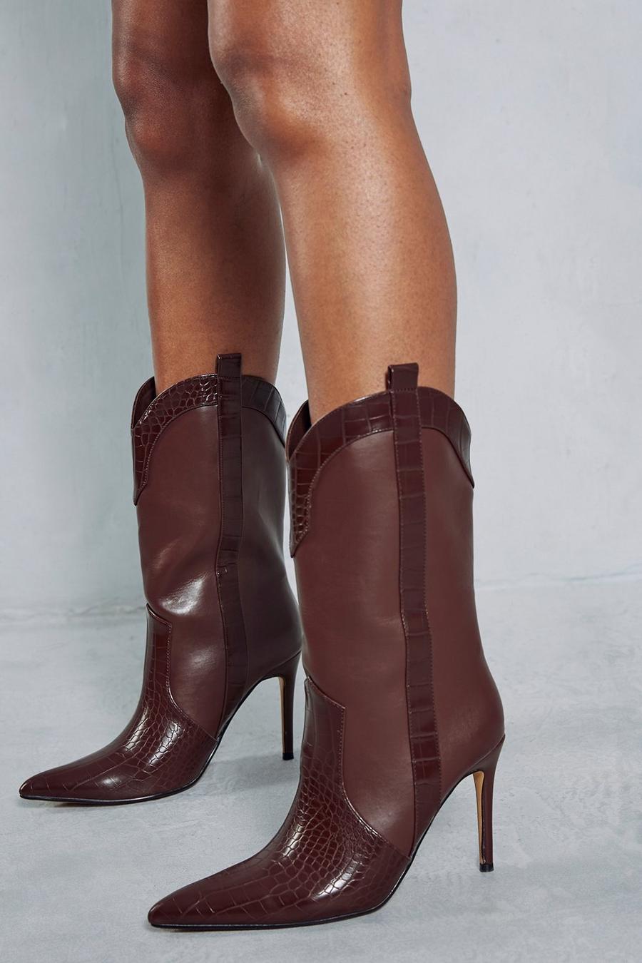 Chocolate Leather Look Western Heeled Boots image number 1
