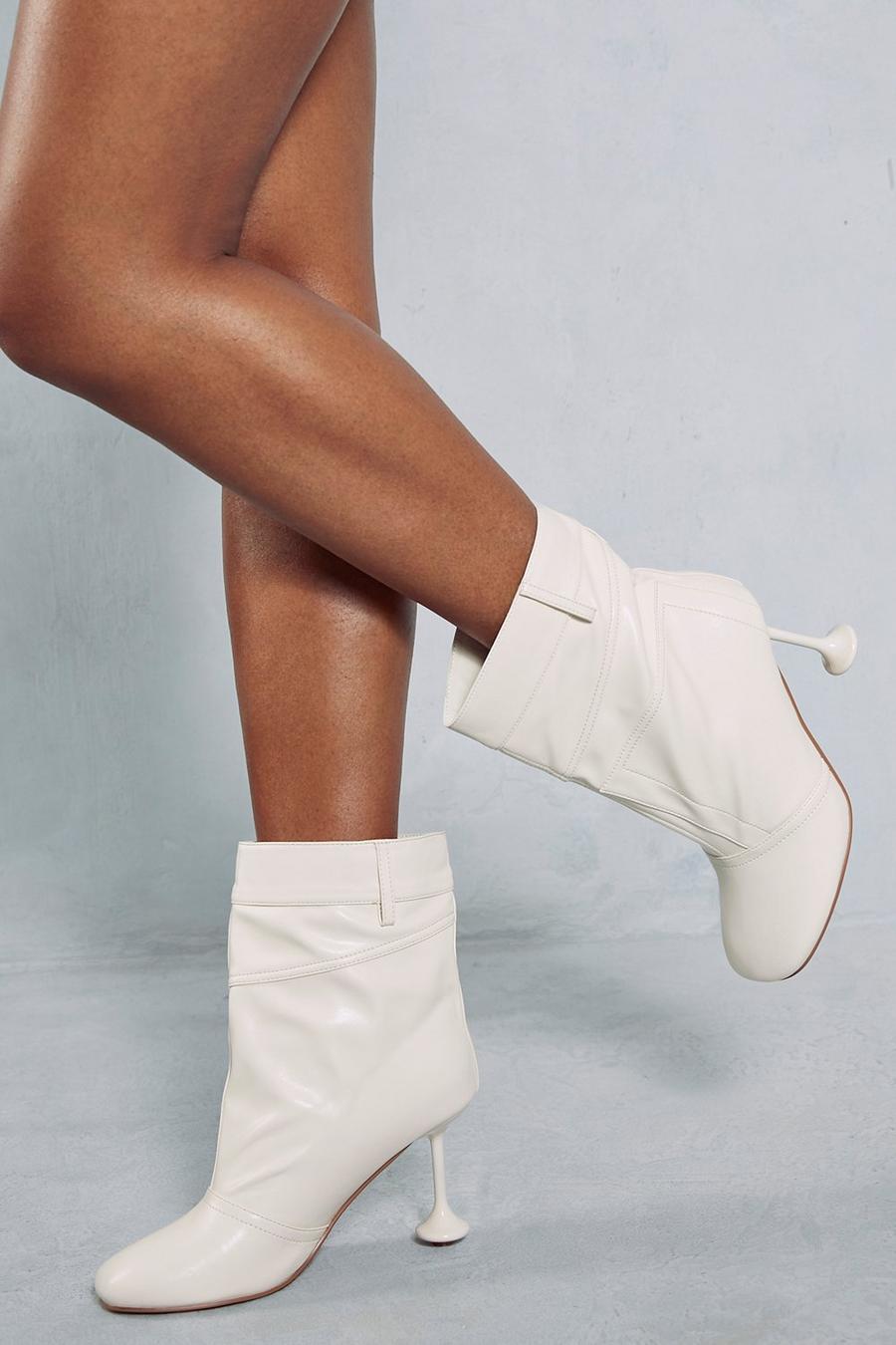 Cream Leather Look Jean Ankle Boots image number 1