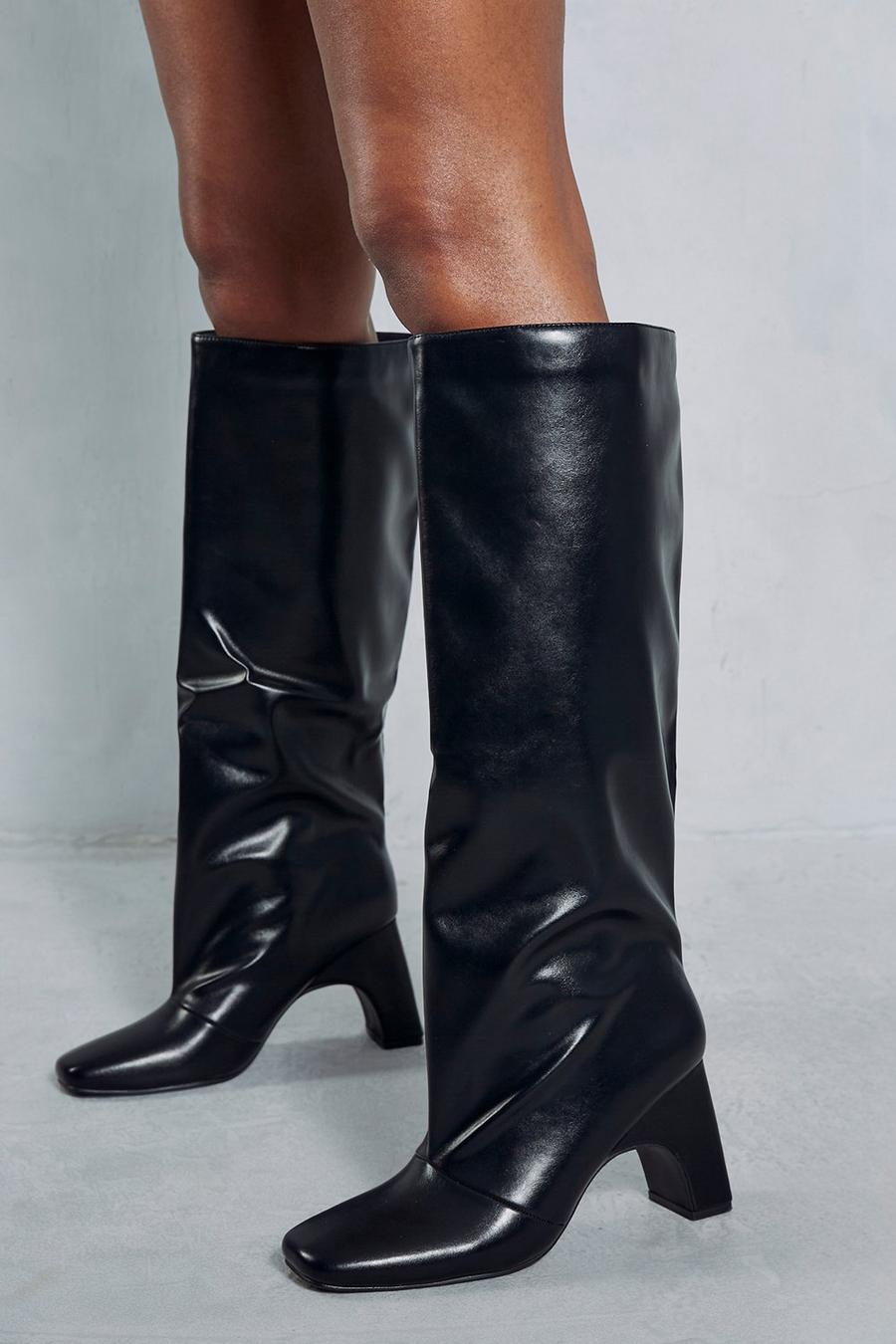 Black Leather Look Knee High Curved Heel Boots image number 1