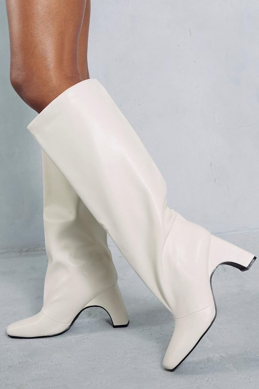 Cream Leather Look Knee High Curved Heel Boots image number 1