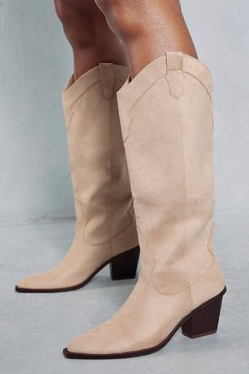 Faux Suede Knee High Western Boots Happy taupe