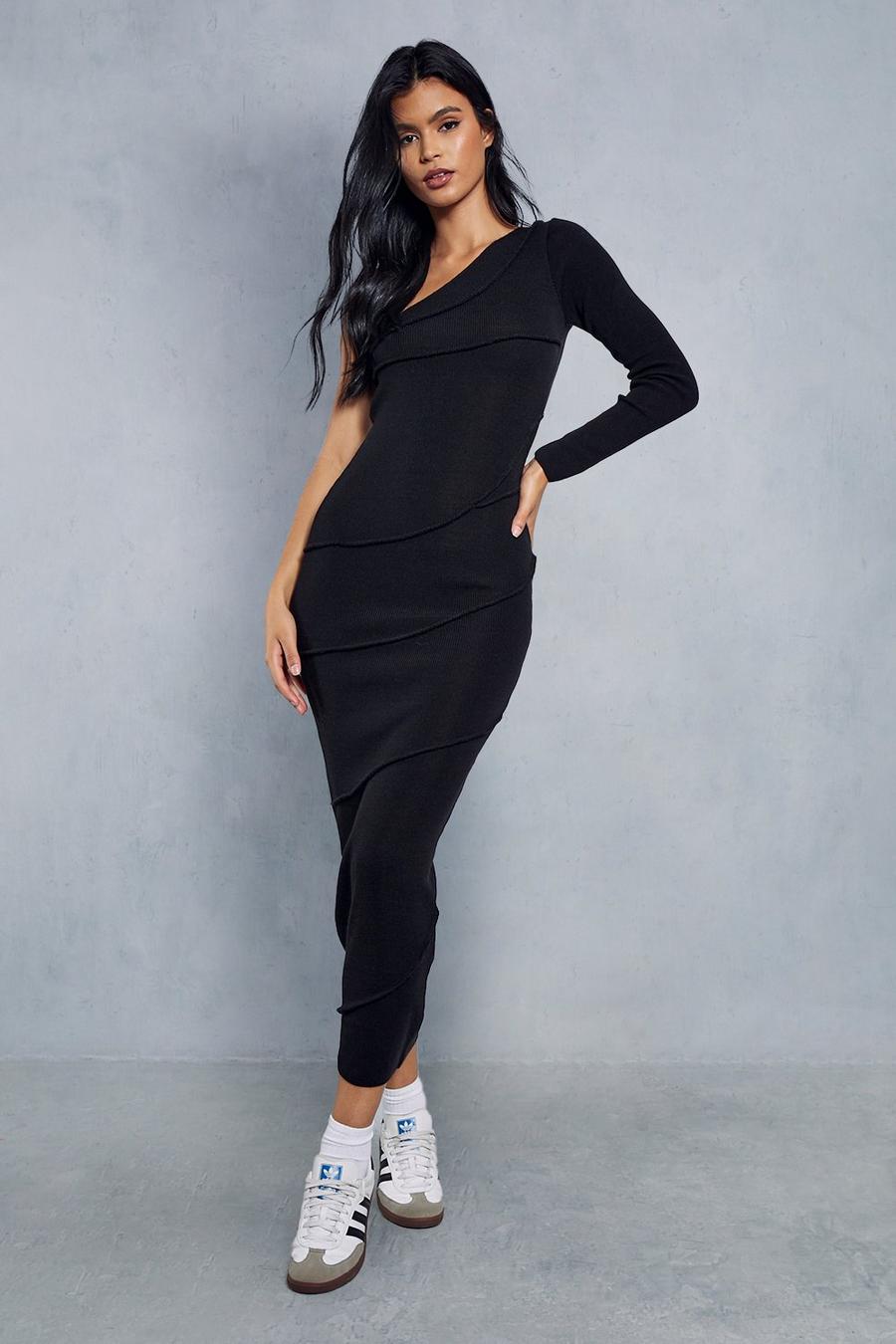 Black Exposed Seam Knitted Maxi Dress  image number 1