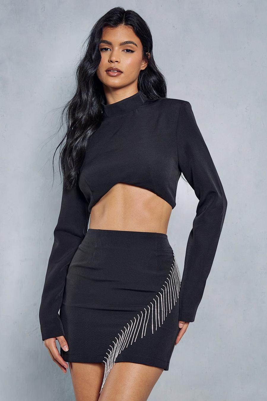 Black Shaped Bust Long Sleeve Top & Diamante Trim Skirt Co-ord image number 1