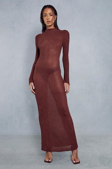 Metallic Sheer Knit Floor Length Maxi Dress chocolate