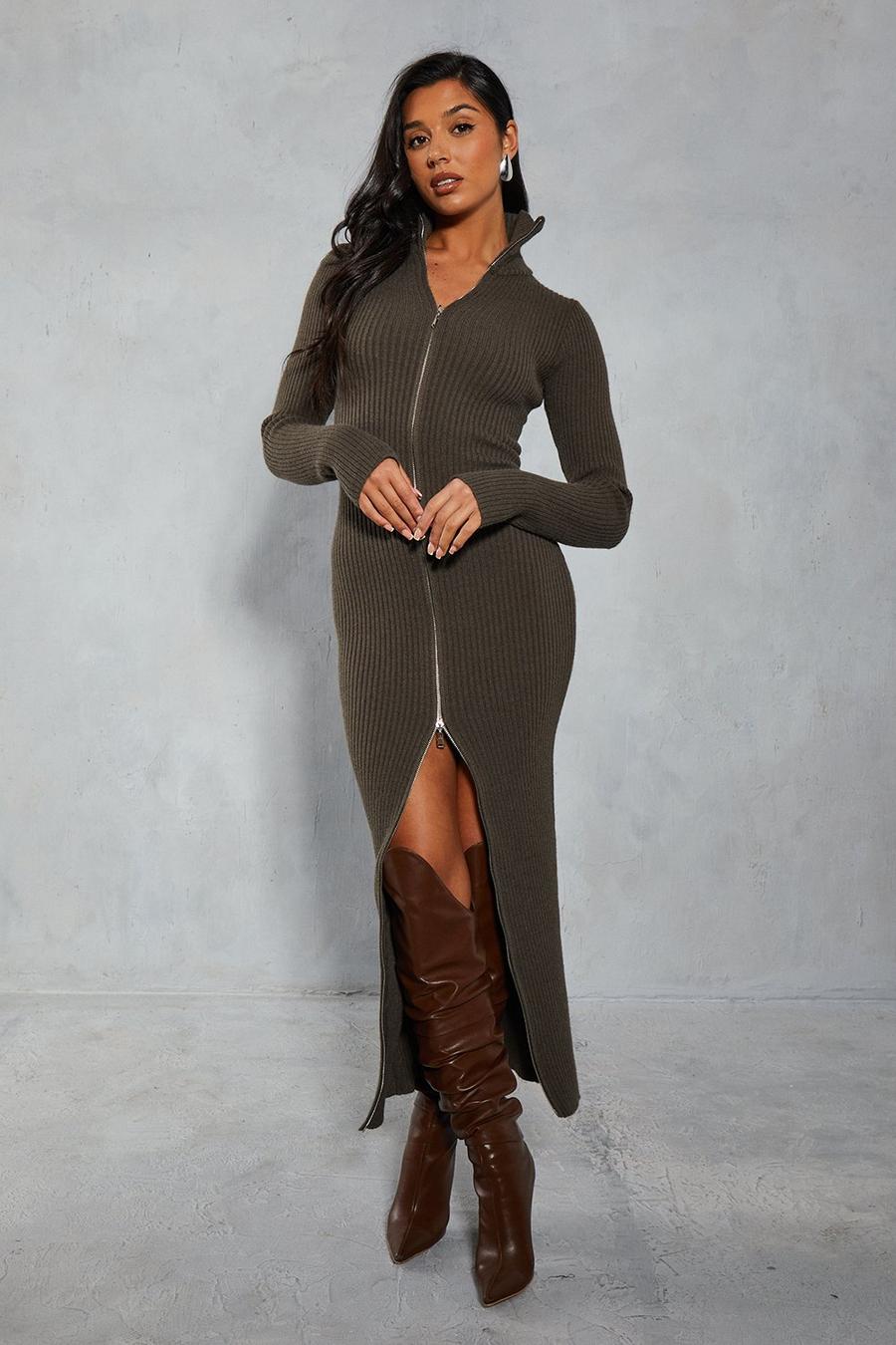 Khaki Knitted Ribbed Zip Through Maxi Dress  image number 1