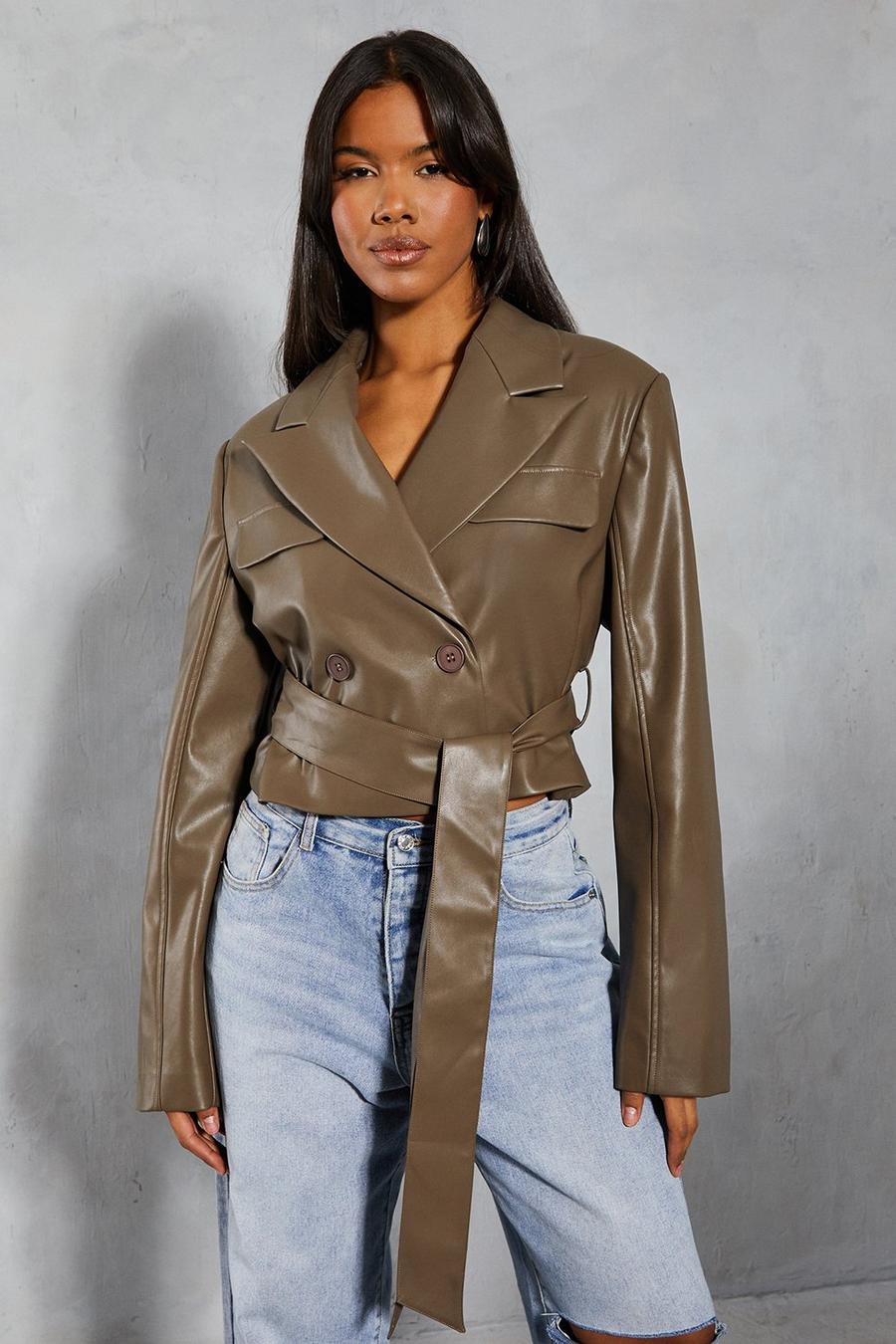Mocha Leather Look Cropped Trench Coat  image number 1