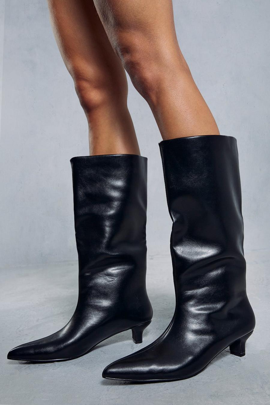 Black Leather Look Low Heel Knee High Boots