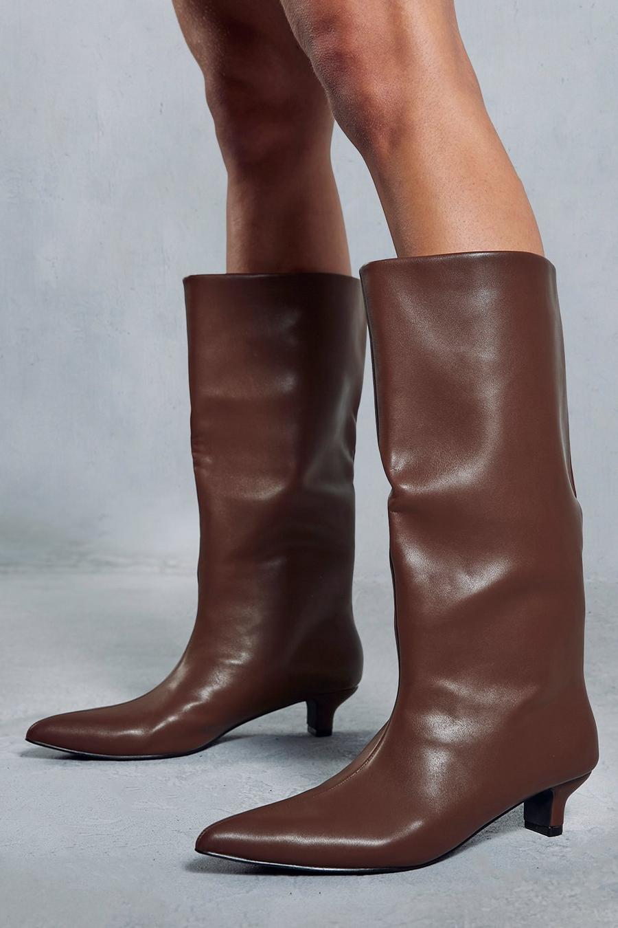 Brown Leather Look Low Heel Knee High Boots image number 1