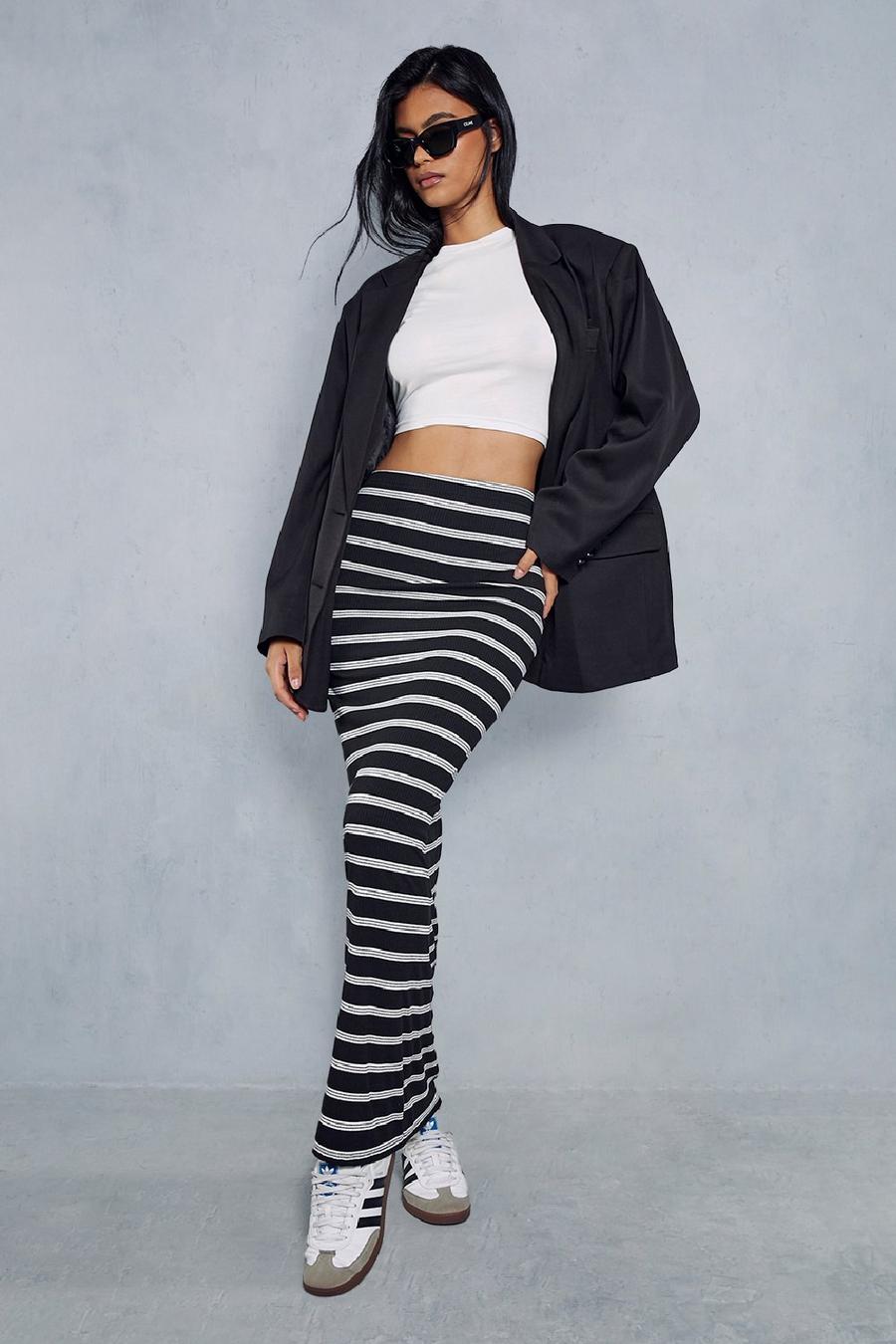Black Ribbed Stripe Column Maxi Skirt  image number 1