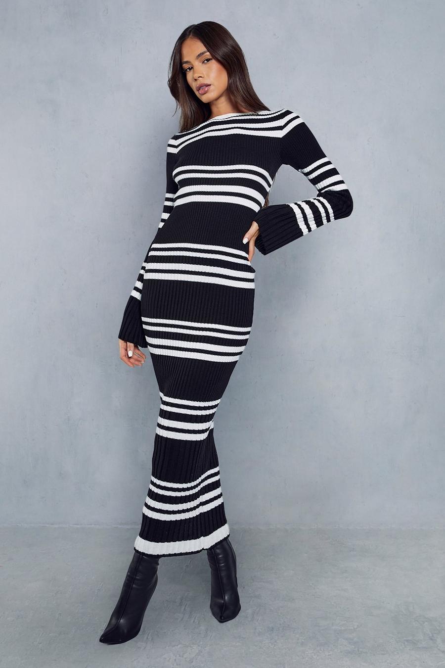 Black Knitted Ribbed Stripe Maxi Dress  image number 1