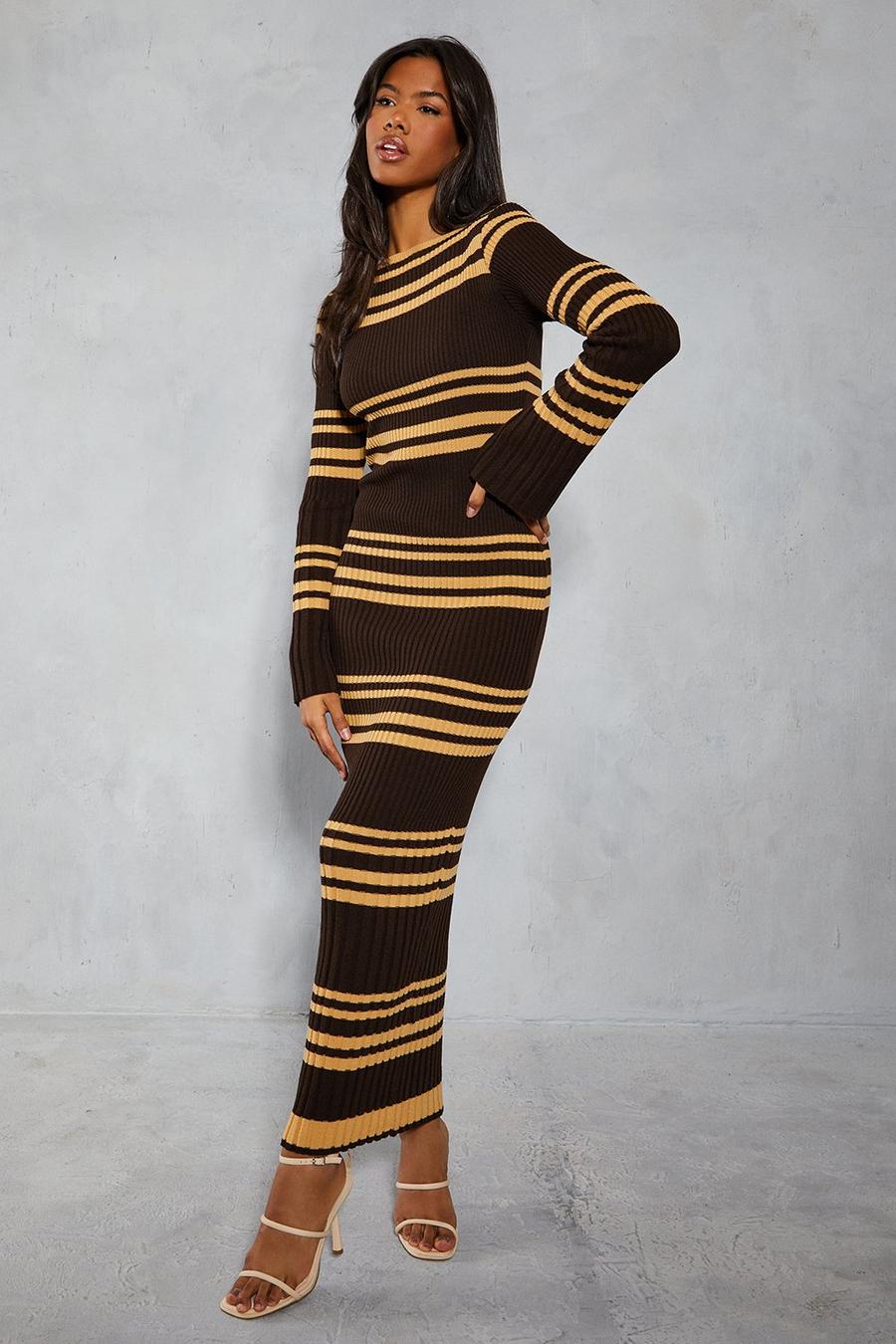 Chocolate Knitted Ribbed Stripe Maxi Dress  image number 1