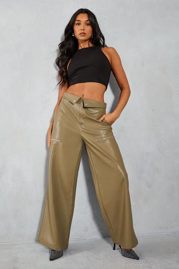 Leather Look Fold Over Cargo Trousers khaki