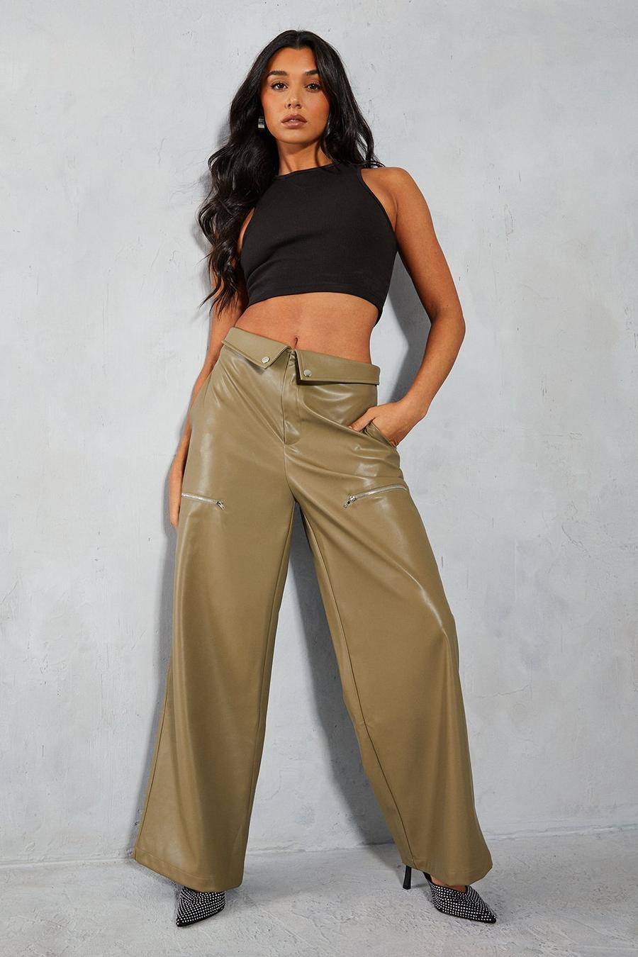 Khaki Leather Look Fold Over Cargo Trousers  image number 1