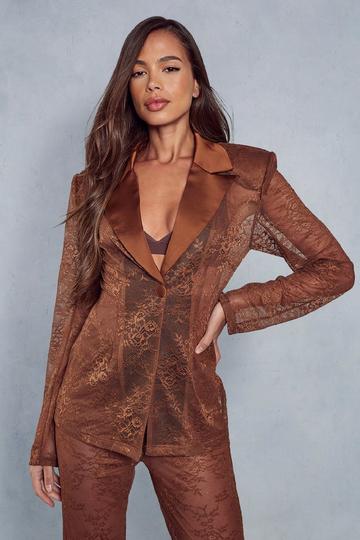 Lace Structured Satin Trim Blazer chocolate