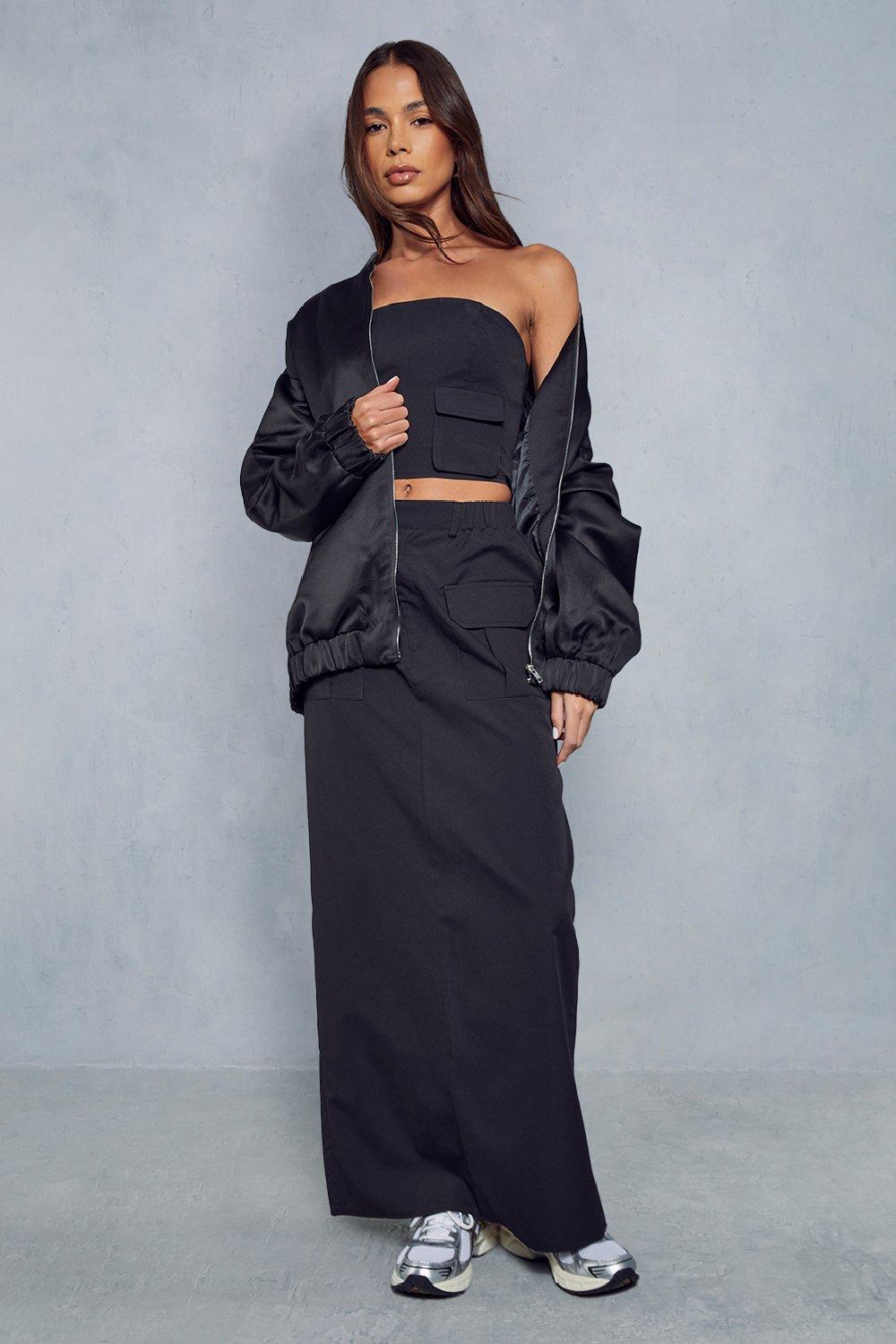 Womens Utility Pocket Woven Bandeau Top & Maxi Skirt Co-Ord - Black - 6, Black