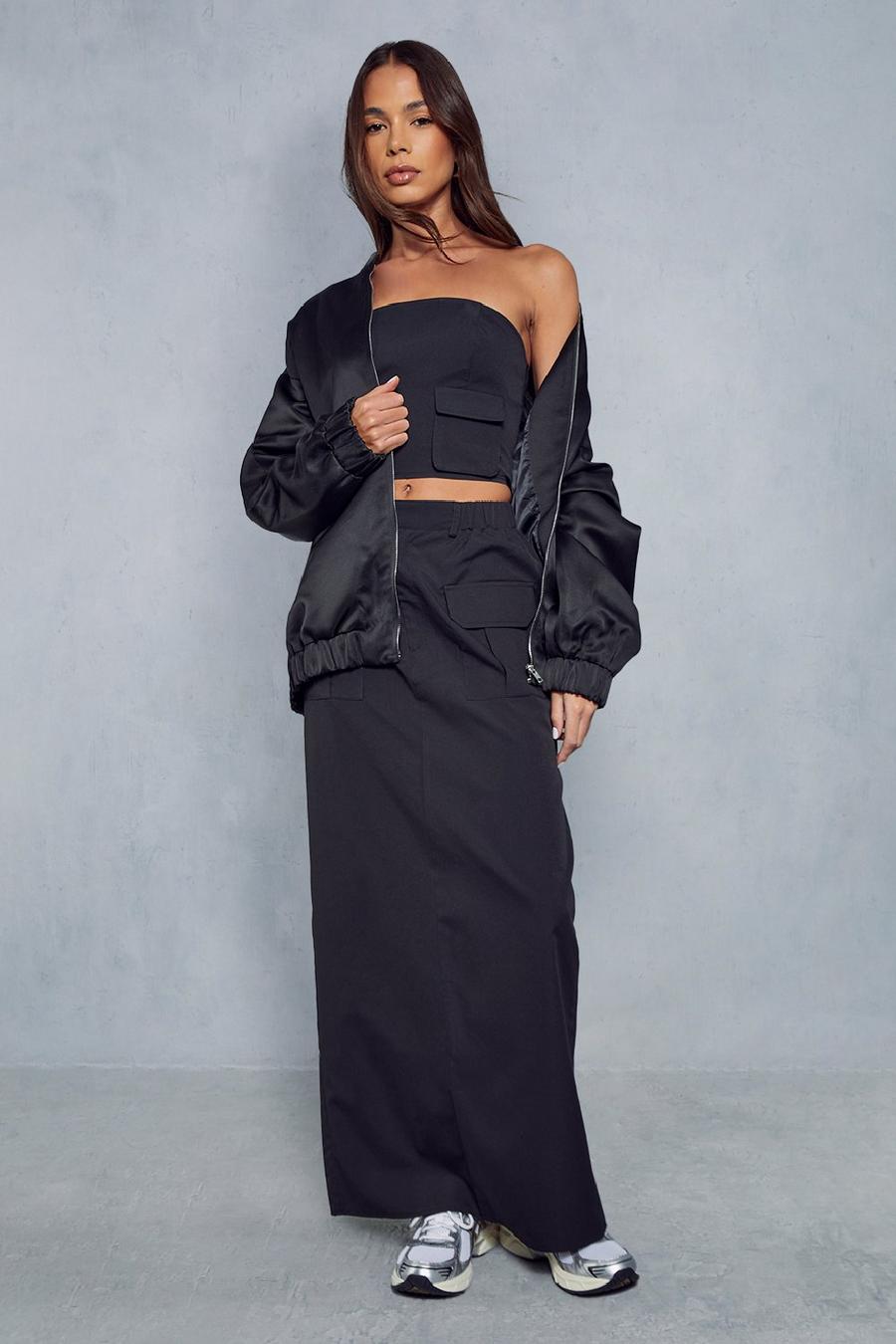 Black Utility Pocket Woven Bandeau Top & Maxi Skirt Co-ord  image number 1