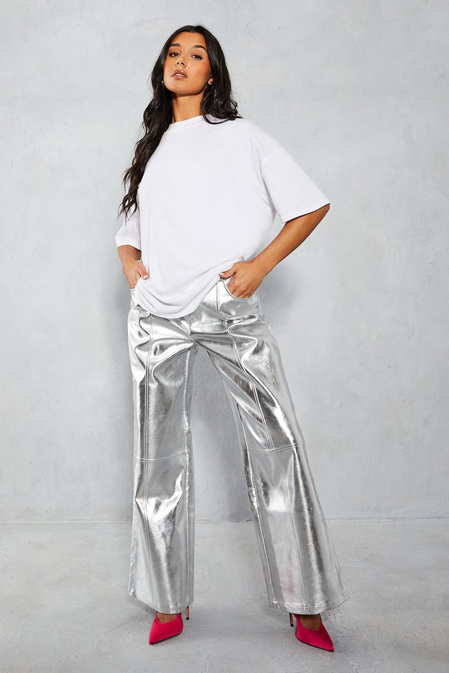 Silver Metallic Leather Look Seam Detail Wide Leg Trousers  image number 1