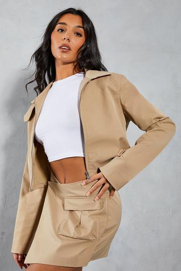 Camel Beige Structured Shoulder Woven Jacket