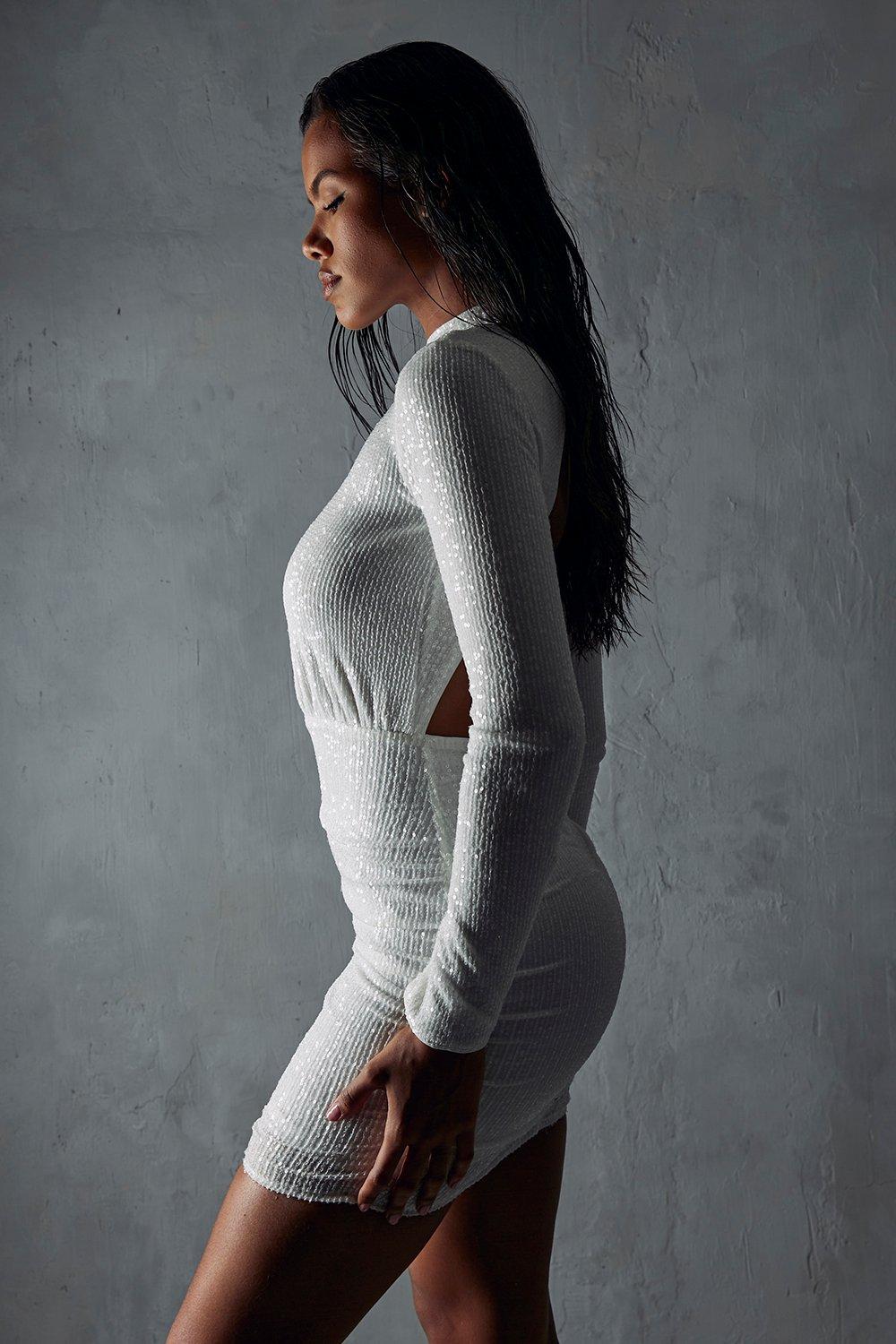 Ruched white bodycon on sale dress