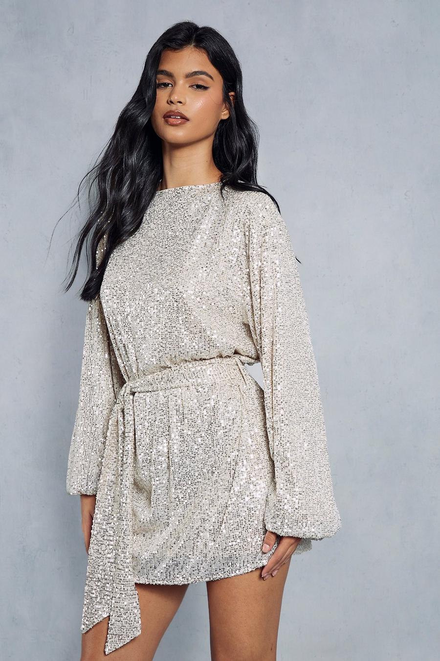 Nude Sequin Belted Long Sleeve Swing Mini Dress image number 1