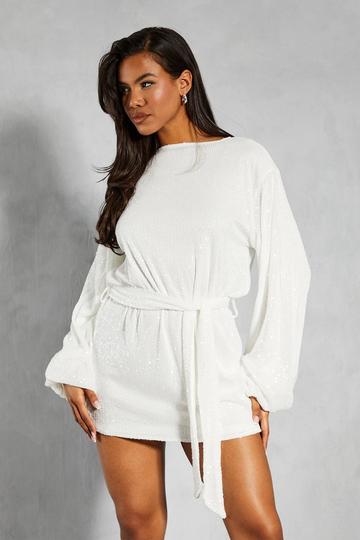 White Sequin Belted Long Sleeve Swing Mini Dress