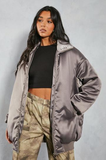 Oversized Longline Premium Satin Bomber Jacket mocha