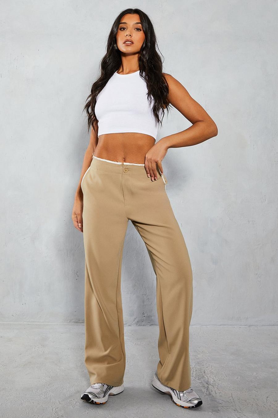 Camel Raw Edge Contrast Waist Detail Wide Leg Trousers image number 1