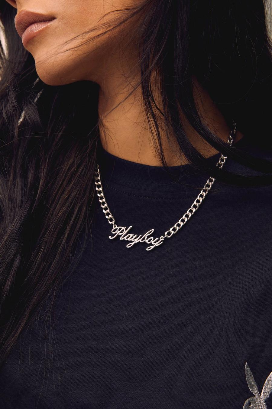 Silver Playboy Script Chain Choker Necklace