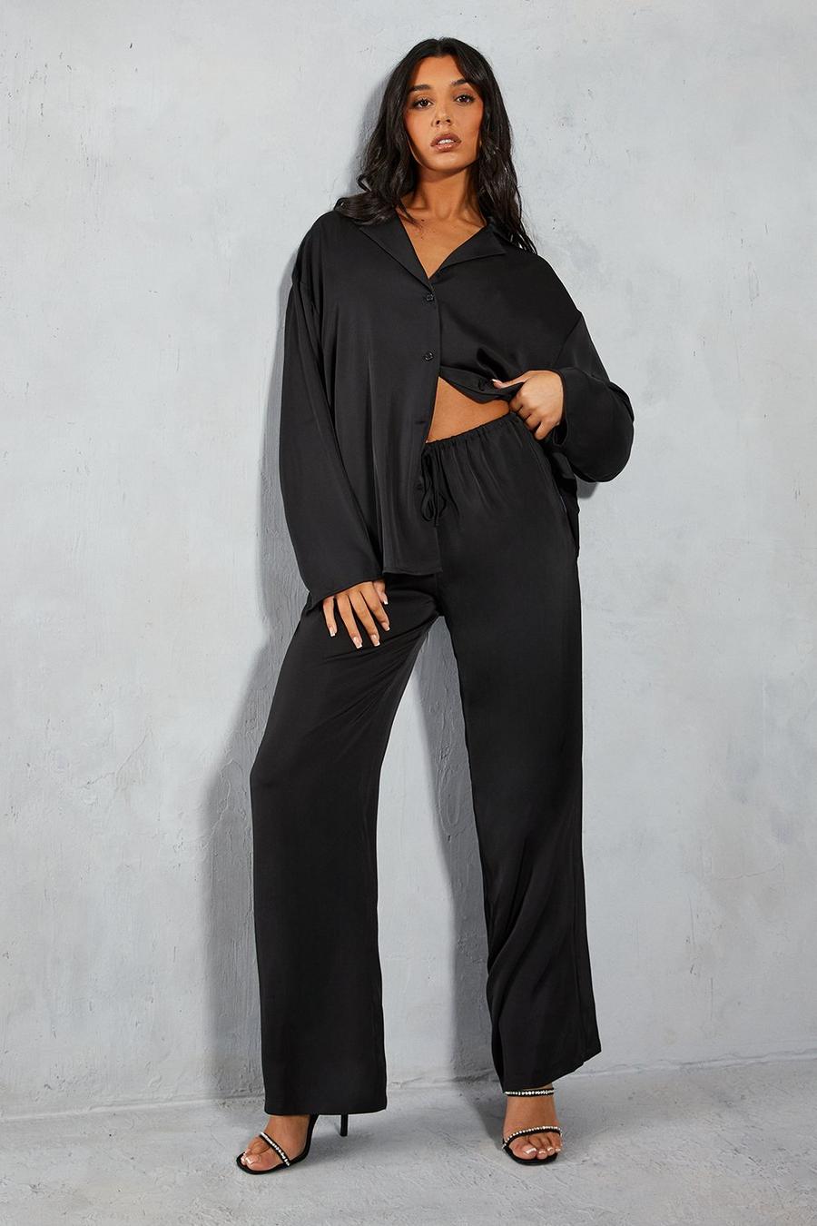Black Satin Mid Rise Drawstring Relaxed Trouser image number 1
