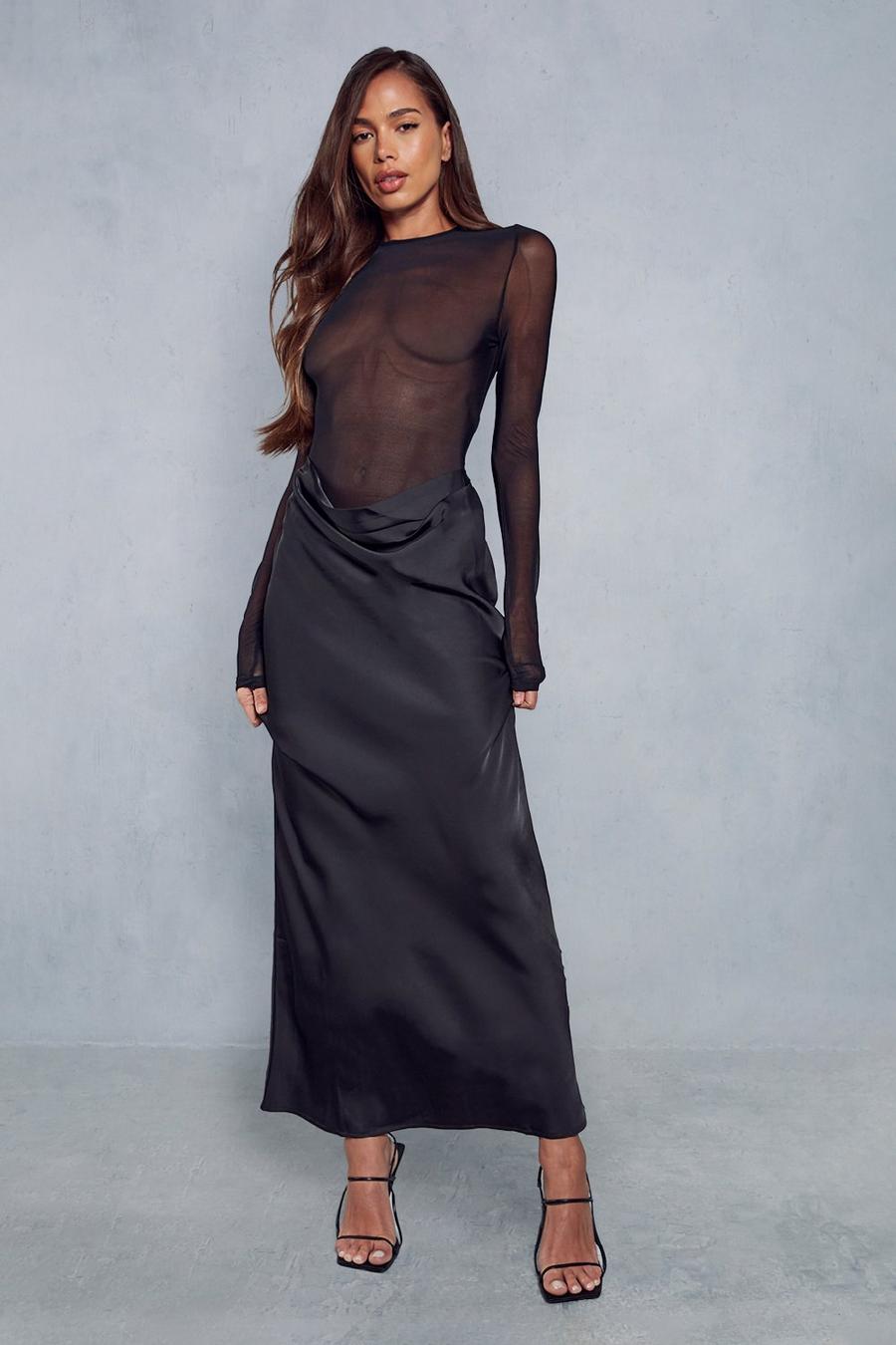 Black Mesh Body Satin Skirt Long Sleeve Maxi Dress image number 1