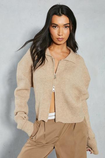 Knitted Ribbed Zip Through Cardigan oatmeal