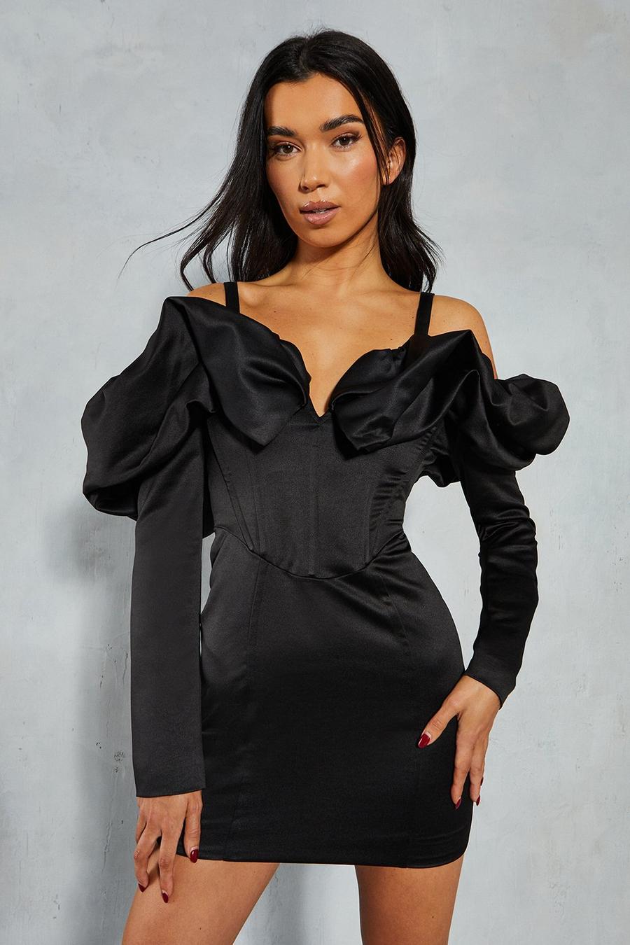 Black Frill Sleeve Bardot Strap Detail Bodycon Mini Dress image number 1