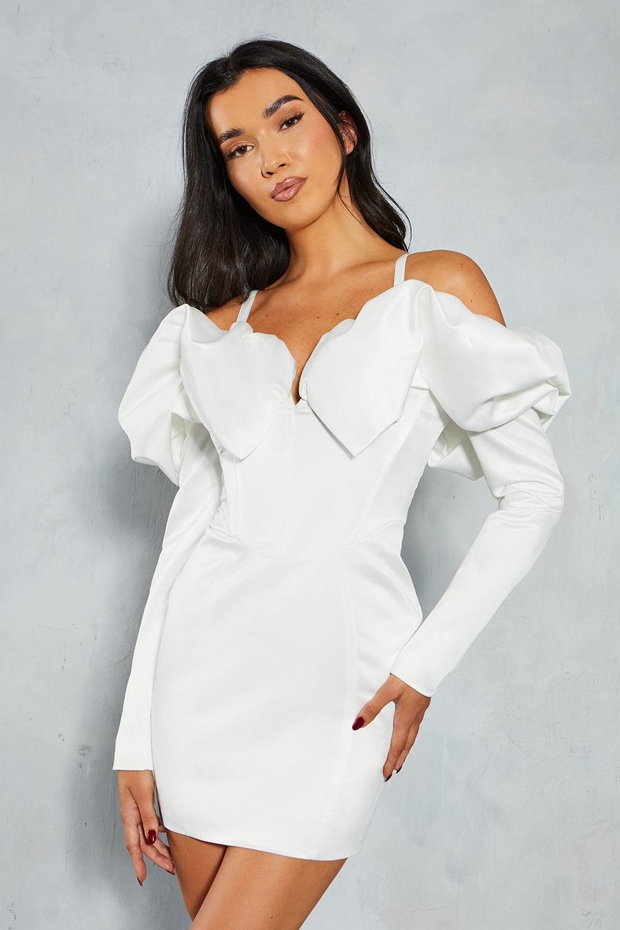 White Frill Sleeve Bardot Strap Detail Bodycon Mini Dress