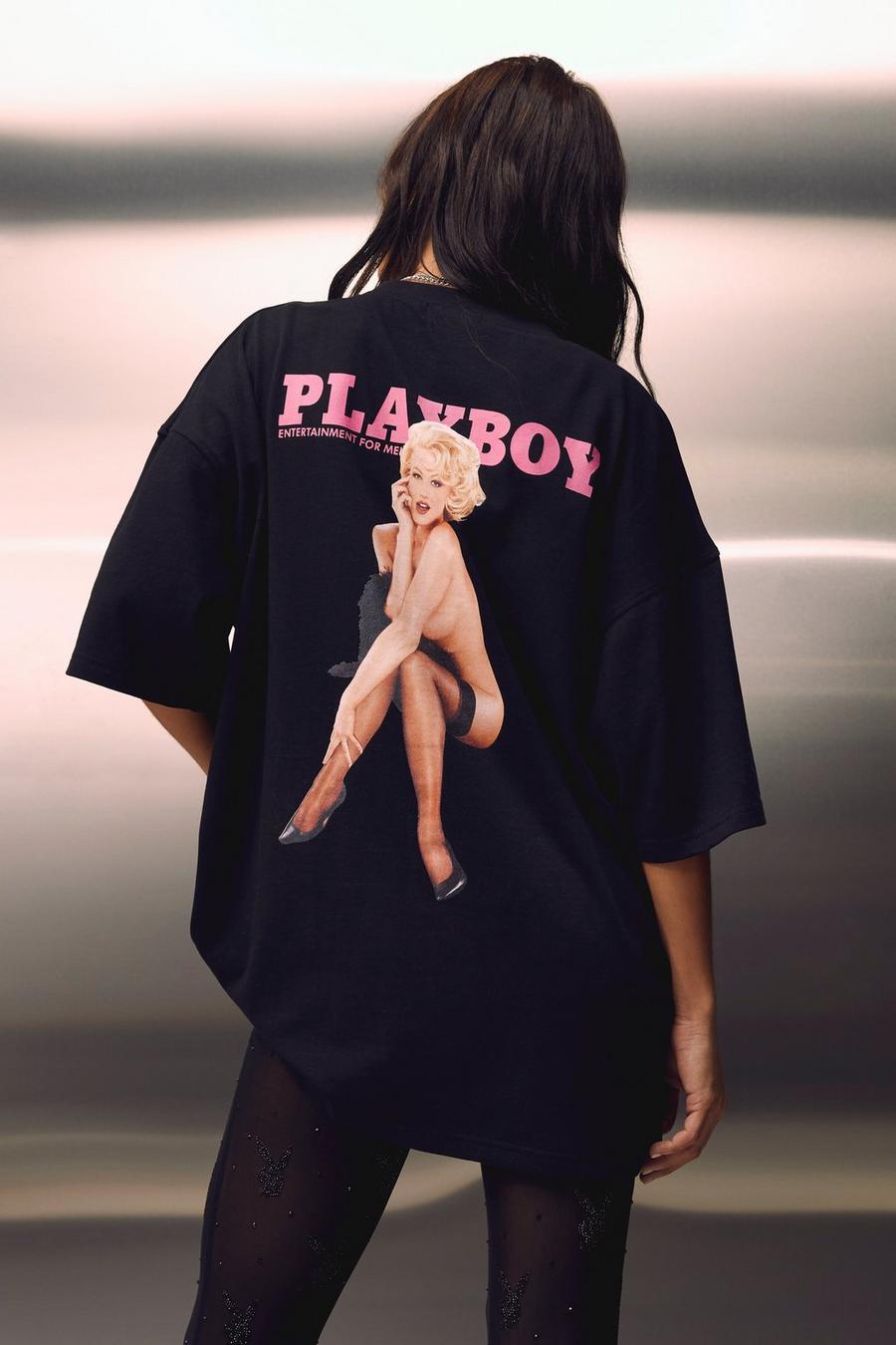 Black Playboy Magazine Print Back Oversized T Shirt image number 1