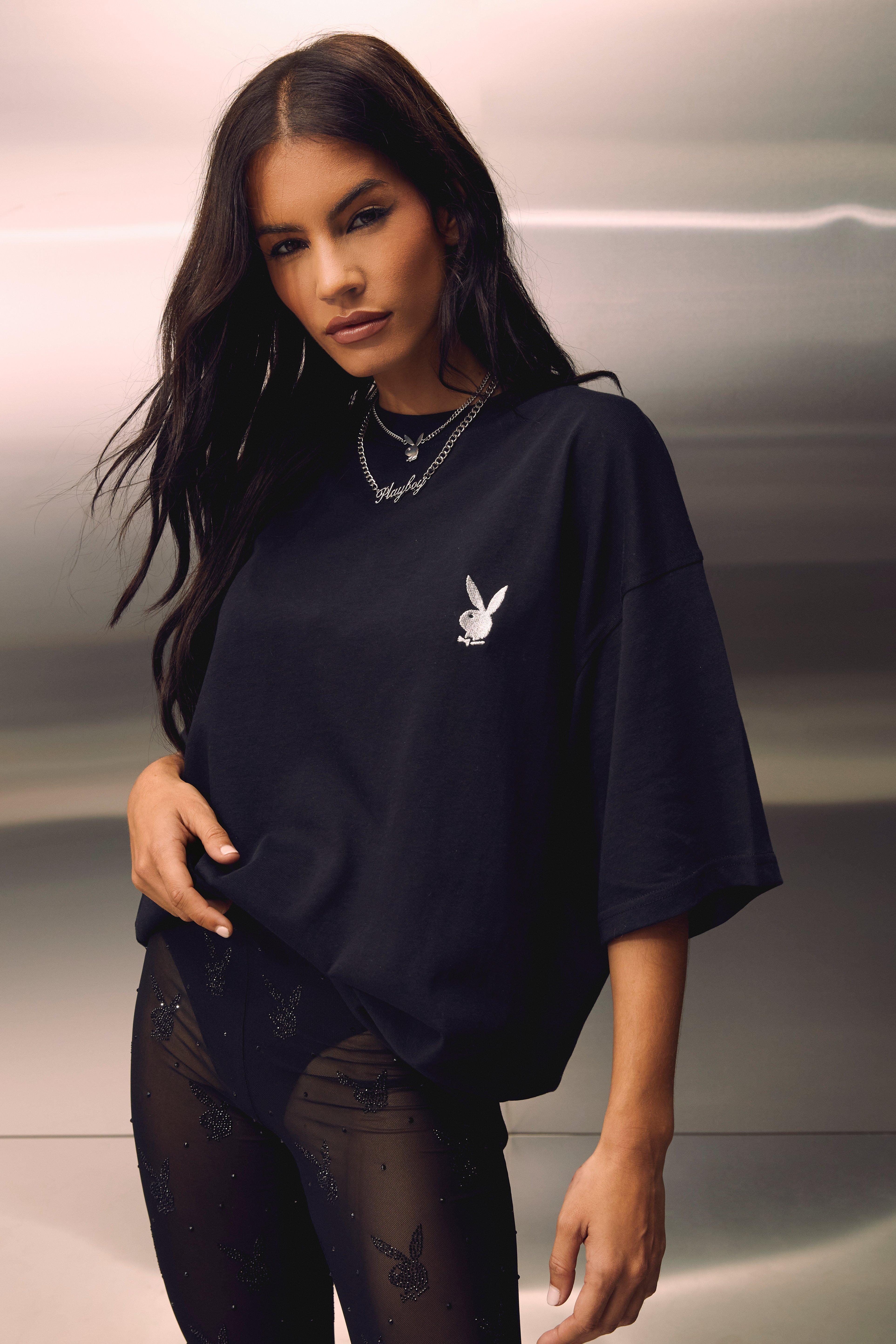 Playboy Diamante Script Oversized T Shirt boohoo UK